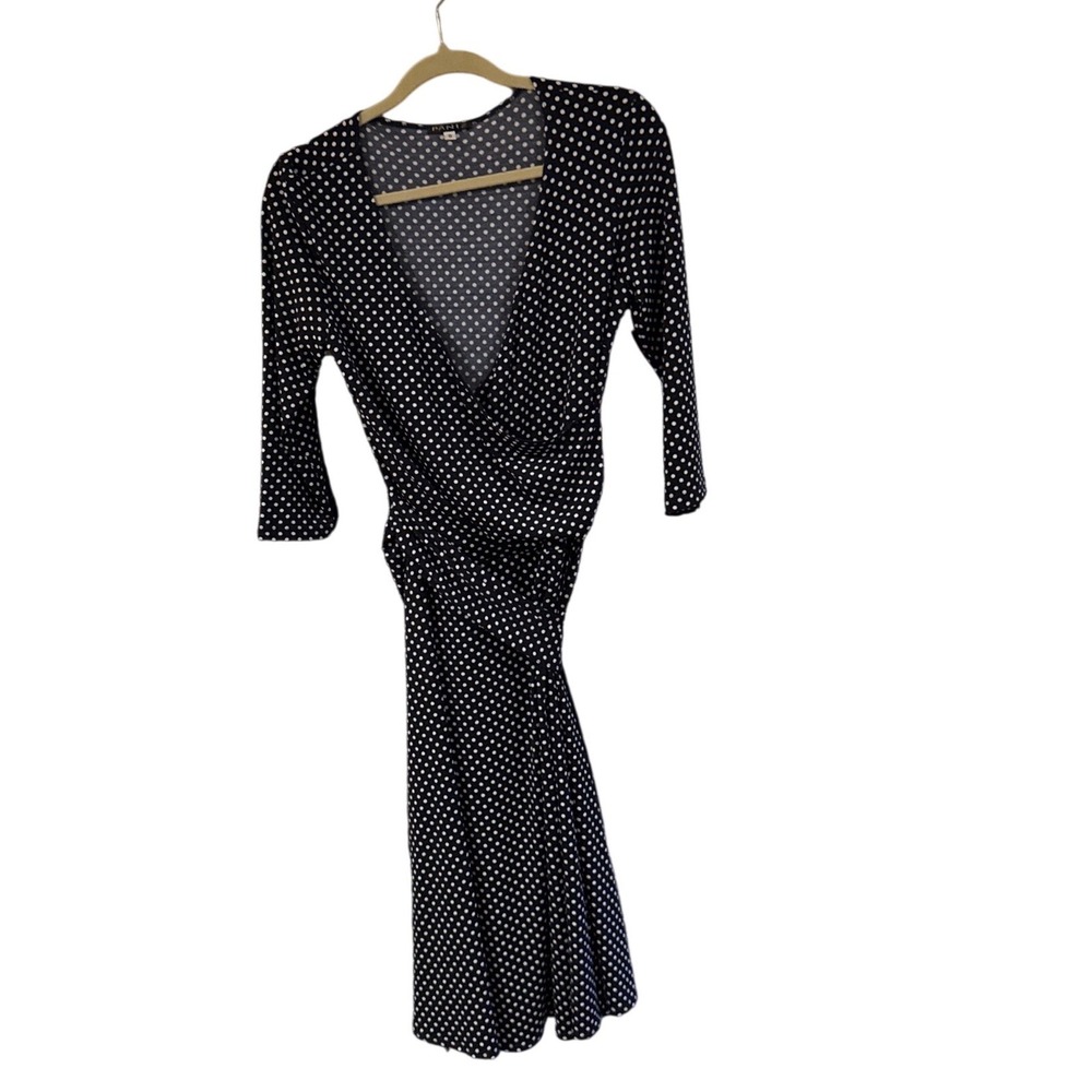 Paniz Womens Navy Blue Polka Dot Faux Wrap Midi Dress 3/4 Sleeve Size 8 USA